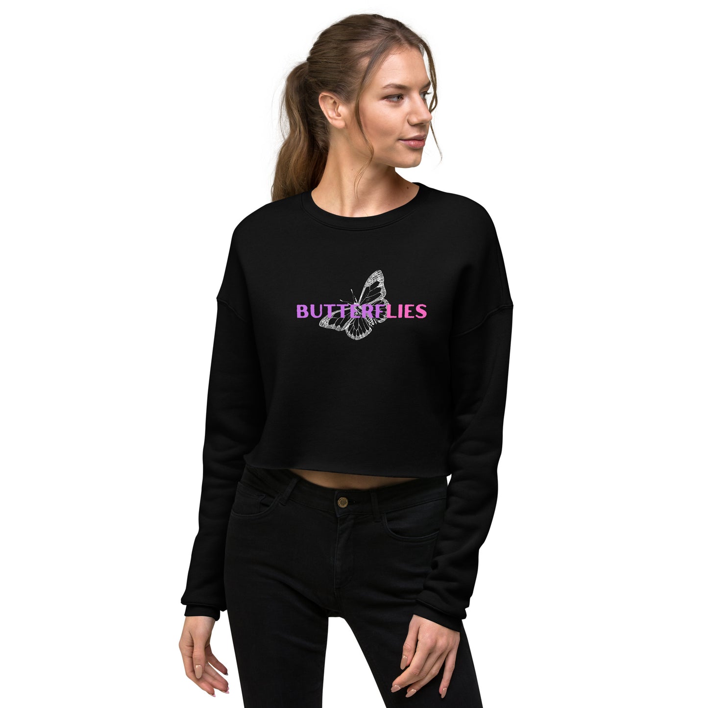 Whispers Of Wings Butterflies Women's Crop Sweatshirt - Black - FLAKOUT