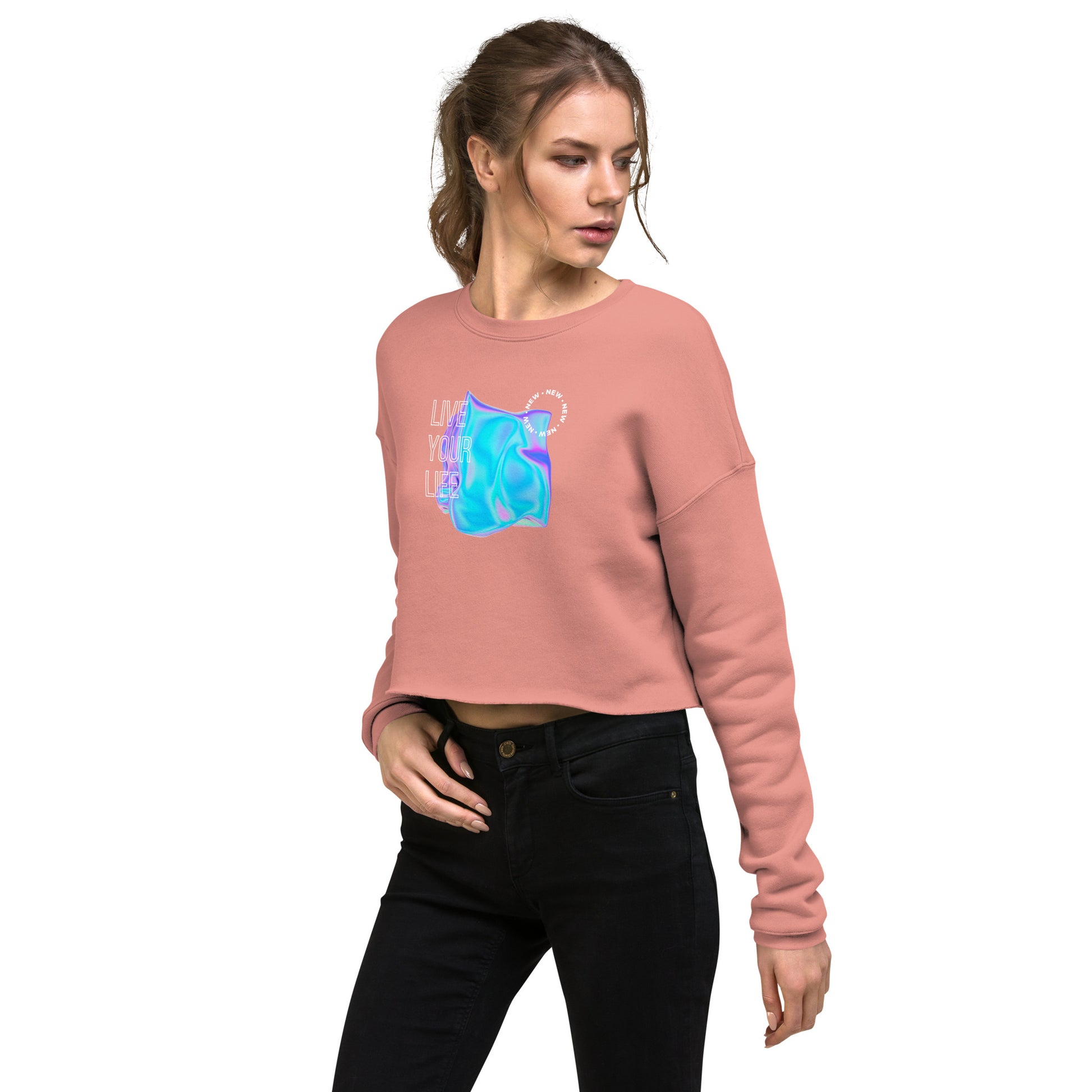 Vivid Existence Live Your Life Women's Crop Sweatshirt - Mauve - FLAKOUT